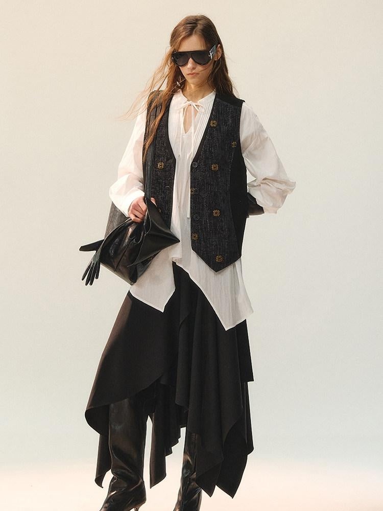 AnnoMundi Elegant Two Piece V-neck Long Sleeve Midi Skirt Set Women Vests