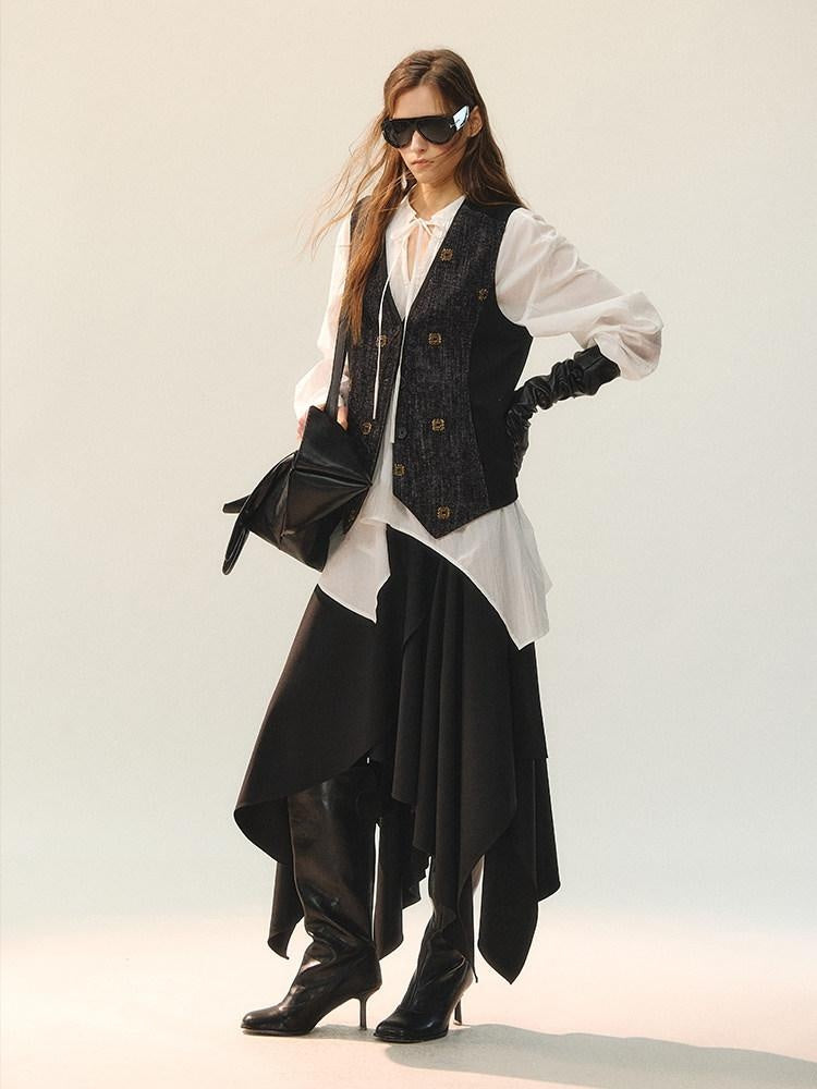 AnnoMundi Elegant Two Piece V-neck Long Sleeve Midi Skirt Set Women Vests