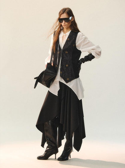 AnnoMundi Elegant Two Piece V-neck Long Sleeve Midi Skirt Set Women Vests
