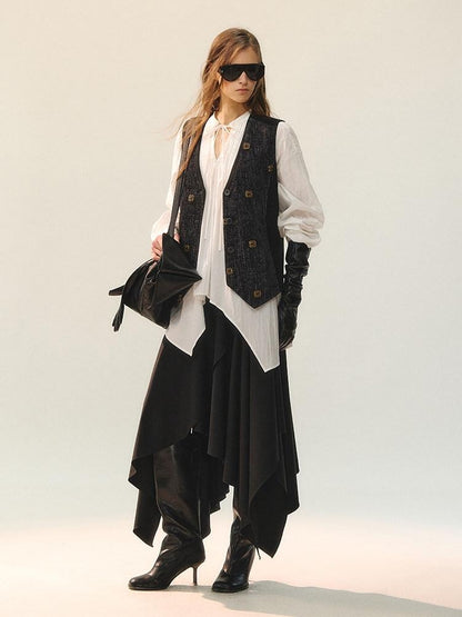 AnnoMundi Elegant Two Piece V-neck Long Sleeve Midi Skirt Set Women Vests