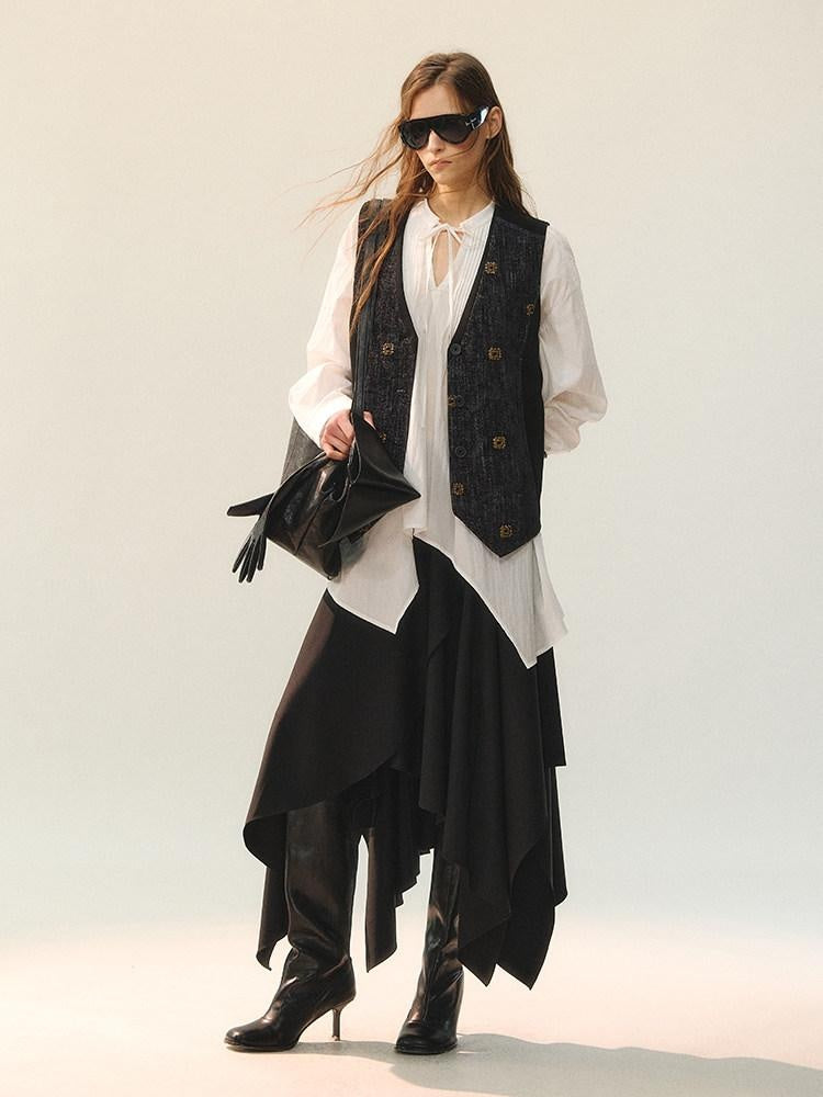AnnoMundi Elegant Two Piece V-neck Long Sleeve Midi Skirt Set Women Vests