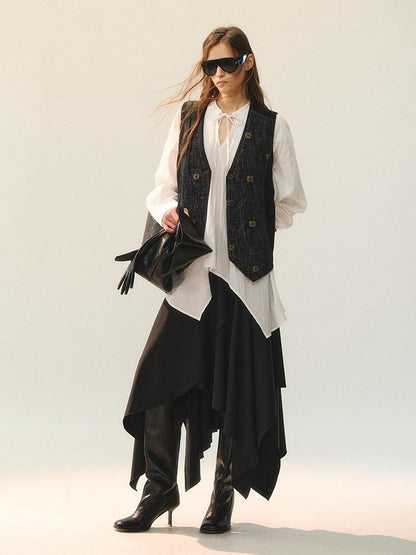 AnnoMundi Elegant Two Piece V-neck Long Sleeve Midi Skirt Set Women Vests