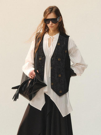 AnnoMundi Elegant Two Piece V-neck Long Sleeve Midi Skirt Set Women Vests