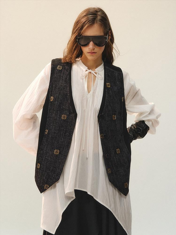 AnnoMundi Elegant Two Piece V-neck Long Sleeve Midi Skirt Set Women Vests