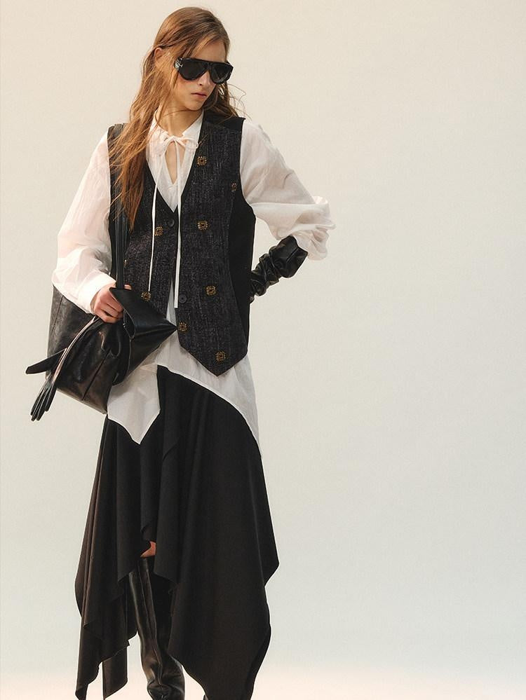 AnnoMundi Elegant Two Piece V-neck Long Sleeve Midi Skirt Set Women Vests