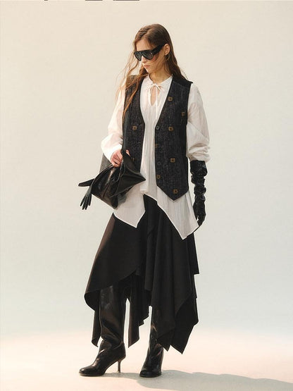 AnnoMundi Elegant Two Piece V-neck Long Sleeve Midi Skirt Set Women Vests