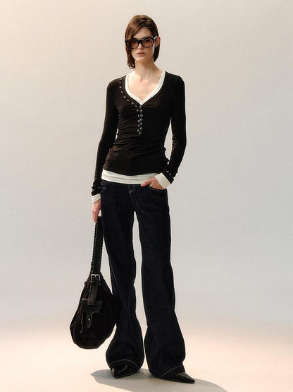 AnnoMundi Embroidered Lyocell Casual Standard Fit Women Black Long Sleeve T-Shirts