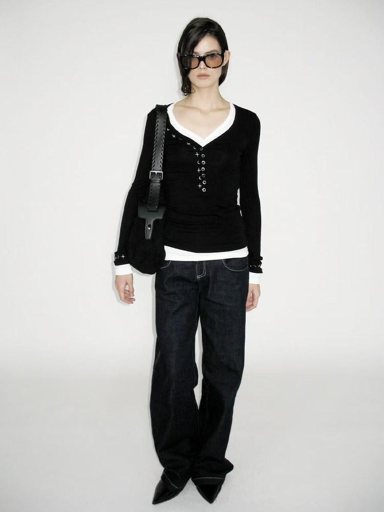 AnnoMundi Embroidered Lyocell Casual Standard Fit Women Black Long Sleeve T-Shirts