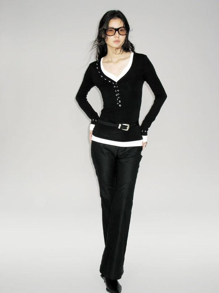 AnnoMundi Embroidered Lyocell Casual Standard Fit Women Black Long Sleeve T-Shirts