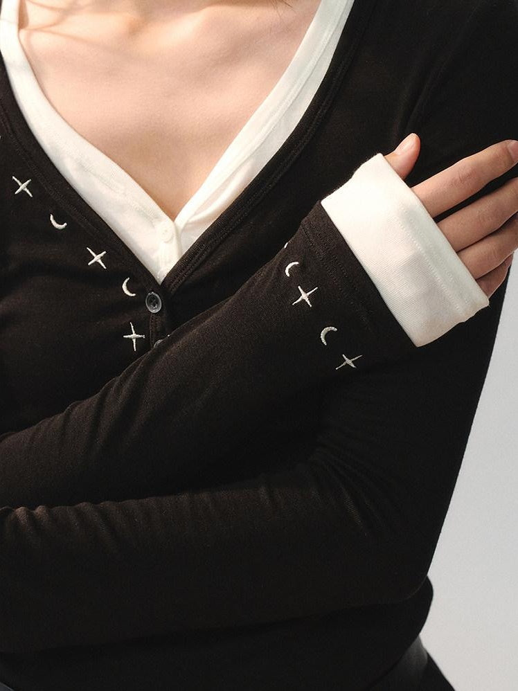 AnnoMundi Embroidered Lyocell Casual Standard Fit Women Black Long Sleeve T-Shirts