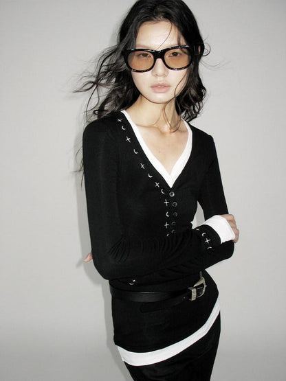 AnnoMundi Embroidered Lyocell Casual Standard Fit Women Black Long Sleeve T-Shirts