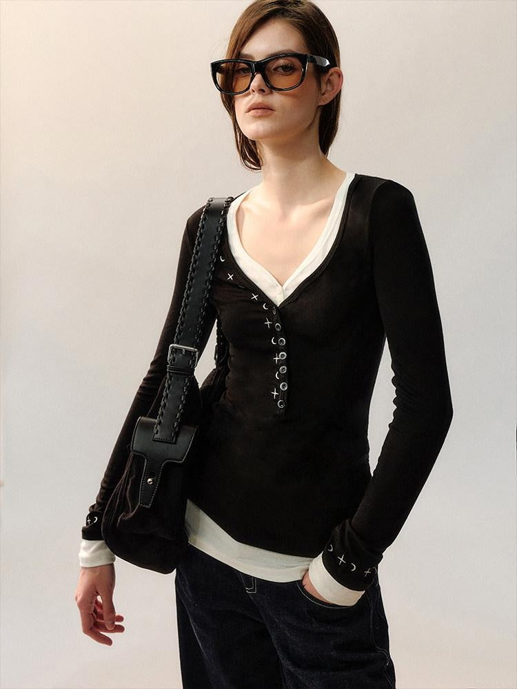 AnnoMundi Embroidered Lyocell Casual Standard Fit Women Black Long Sleeve T-Shirts