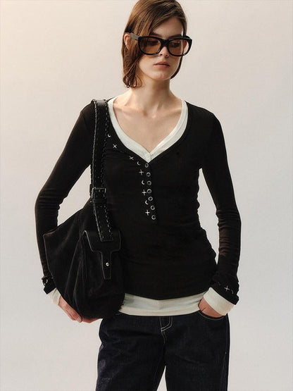AnnoMundi Embroidered Lyocell Casual Standard Fit Women Black Long Sleeve T-Shirts