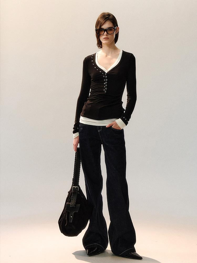 AnnoMundi Embroidered Lyocell Casual Standard Fit Women Black Long Sleeve T-Shirts