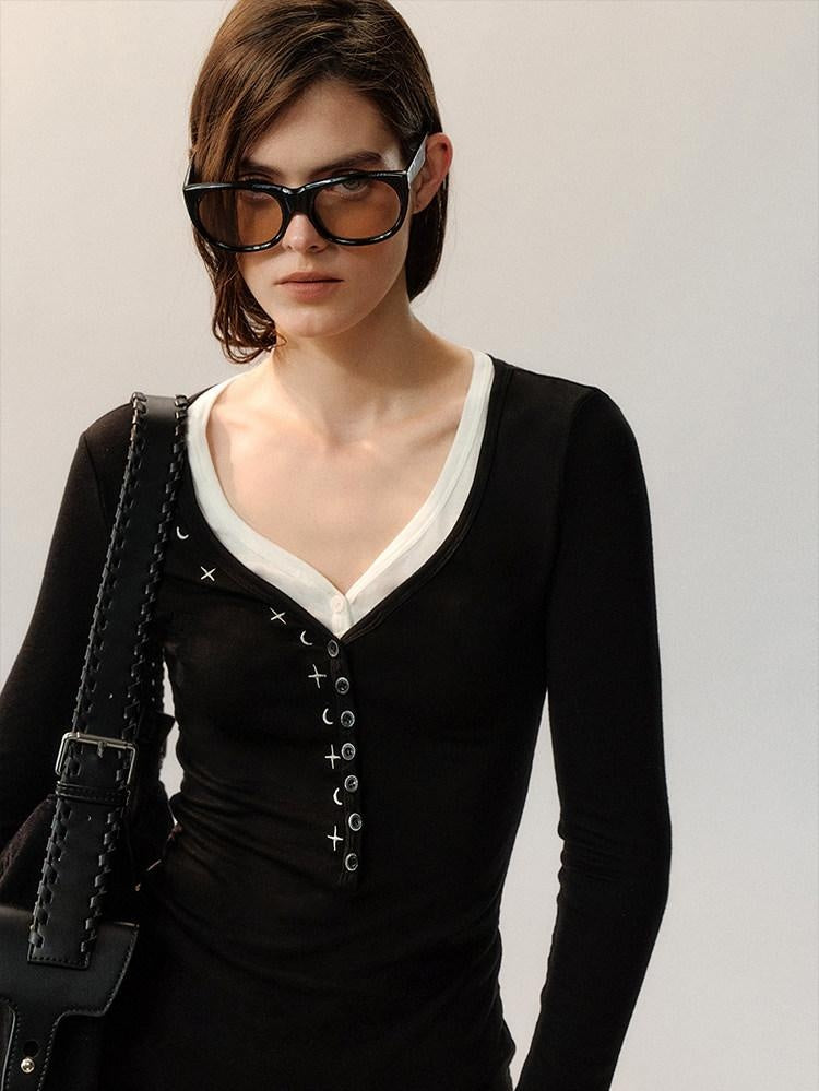 AnnoMundi Embroidered Lyocell Casual Standard Fit Women Black Long Sleeve T-Shirts