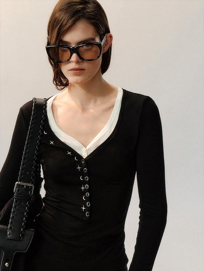 AnnoMundi Embroidered Lyocell Casual Standard Fit Women Black Long Sleeve T-Shirts