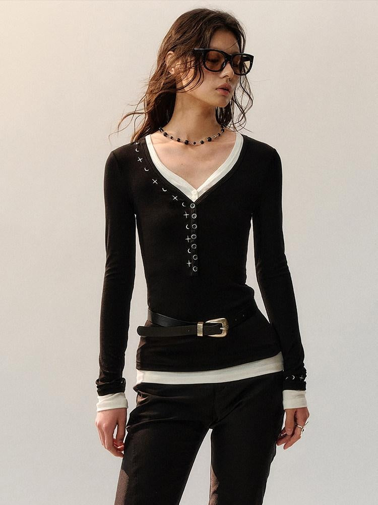 AnnoMundi Embroidered Lyocell Casual Standard Fit Women Black Long Sleeve T-Shirts