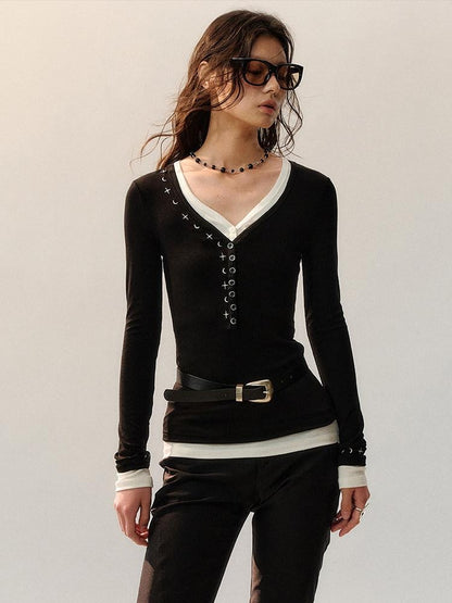 AnnoMundi Embroidered Lyocell Casual Standard Fit Women Black Long Sleeve T-Shirts
