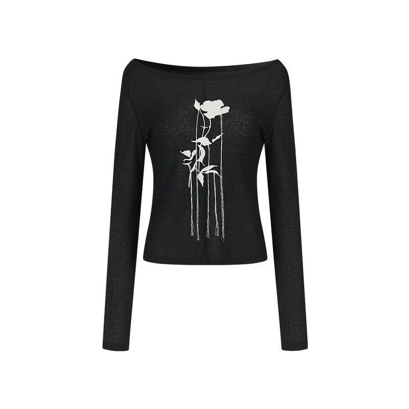 AnnoMundi_Embroidered_Rose_Cuffed_Sleeve_Casual_Regular_Fit_Women_Black_Long_Sleeve_T-Shirts_MISSTT