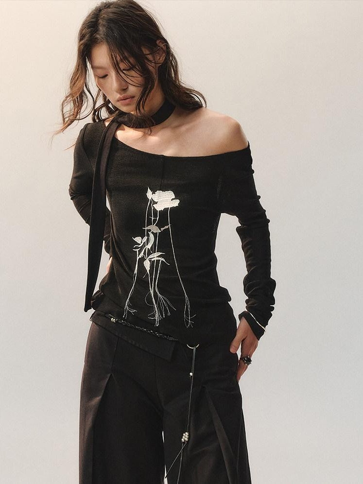 AnnoMundi Embroidered Rose Cuffed Sleeve Casual Regular Fit Women Black Long Sleeve T-Shirts