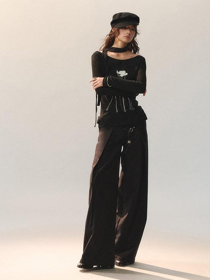 AnnoMundi Embroidered Rose Cuffed Sleeve Casual Regular Fit Women Black Long Sleeve T-Shirts