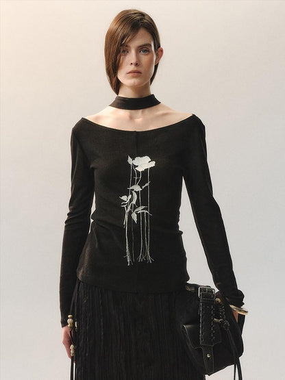 AnnoMundi Embroidered Rose Cuffed Sleeve Casual Regular Fit Women Black Long Sleeve T-Shirts
