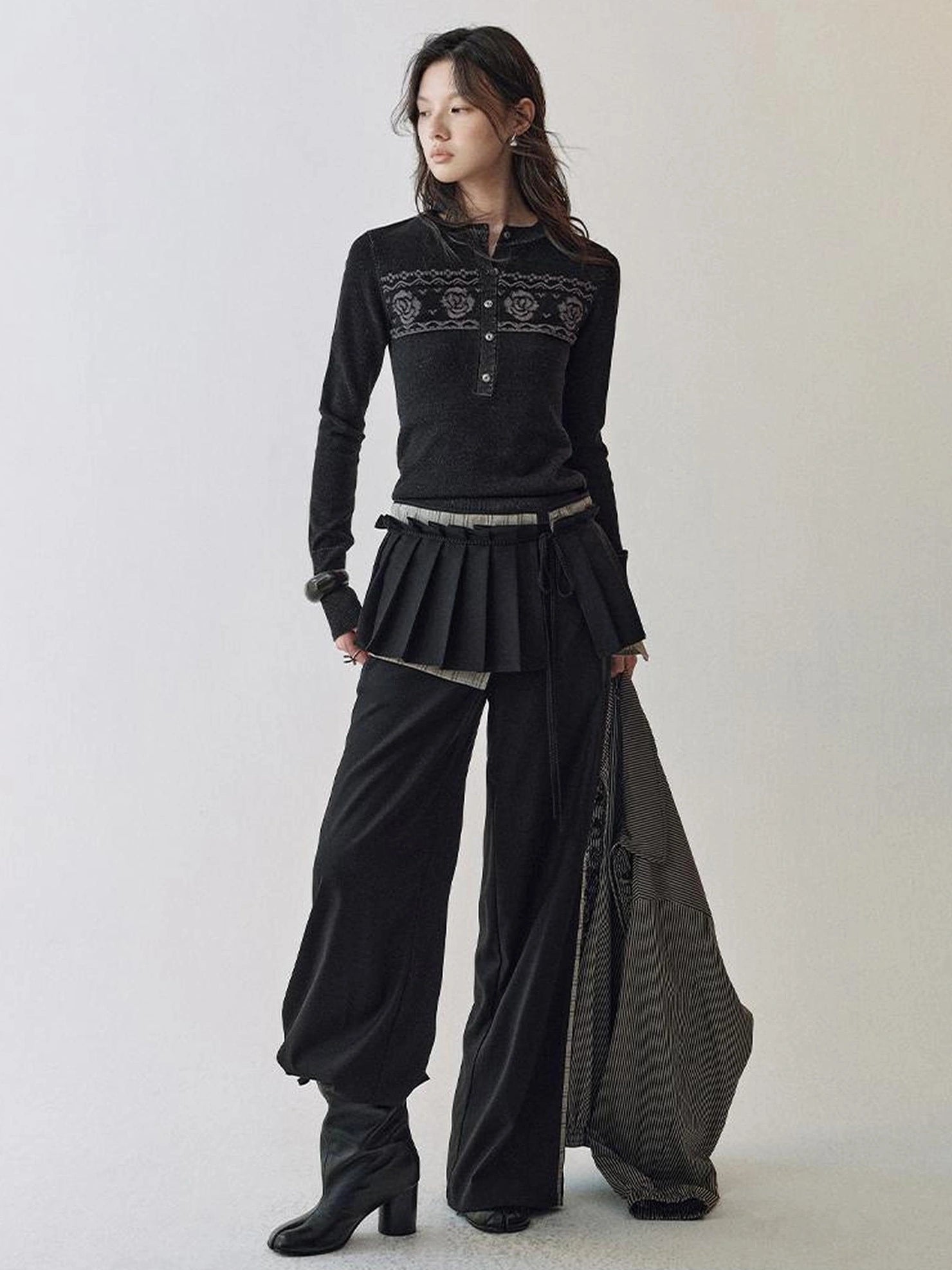 AnnoMundi Fair Isle Color Block Knit V-neck T-shirt Long Sleeve Cardigan