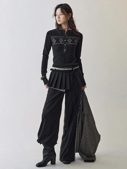 AnnoMundi Fair Isle Color Block Knit V-neck T-shirt Long Sleeve Cardigan