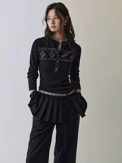 AnnoMundi Fair Isle Color Block Knit V-neck T-shirt Long Sleeve Cardigan