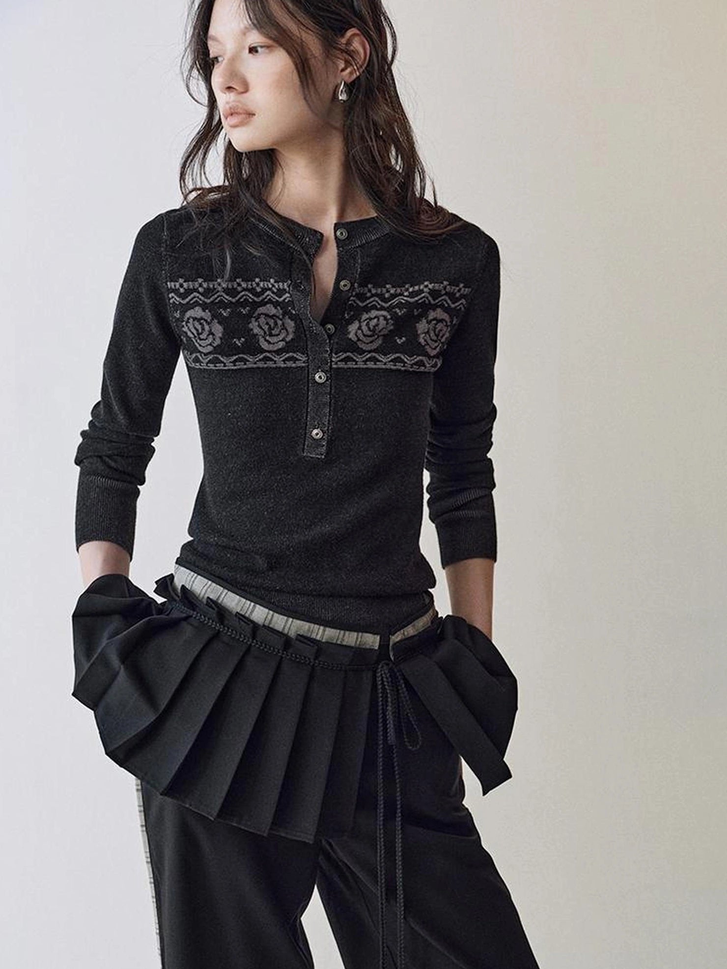 AnnoMundi Fair Isle Color Block Knit V-neck T-shirt Long Sleeve Cardigan