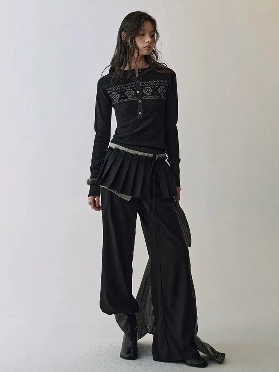 AnnoMundi Fair Isle Color Block Knit V-neck T-shirt Long Sleeve Cardigan