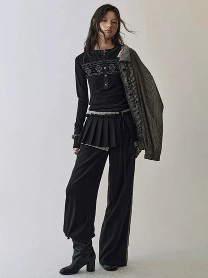 AnnoMundi Fair Isle Color Block Knit V-neck T-shirt Long Sleeve Cardigan