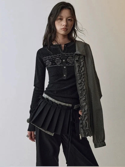 AnnoMundi Fair Isle Color Block Knit V-neck T-shirt Long Sleeve Cardigan