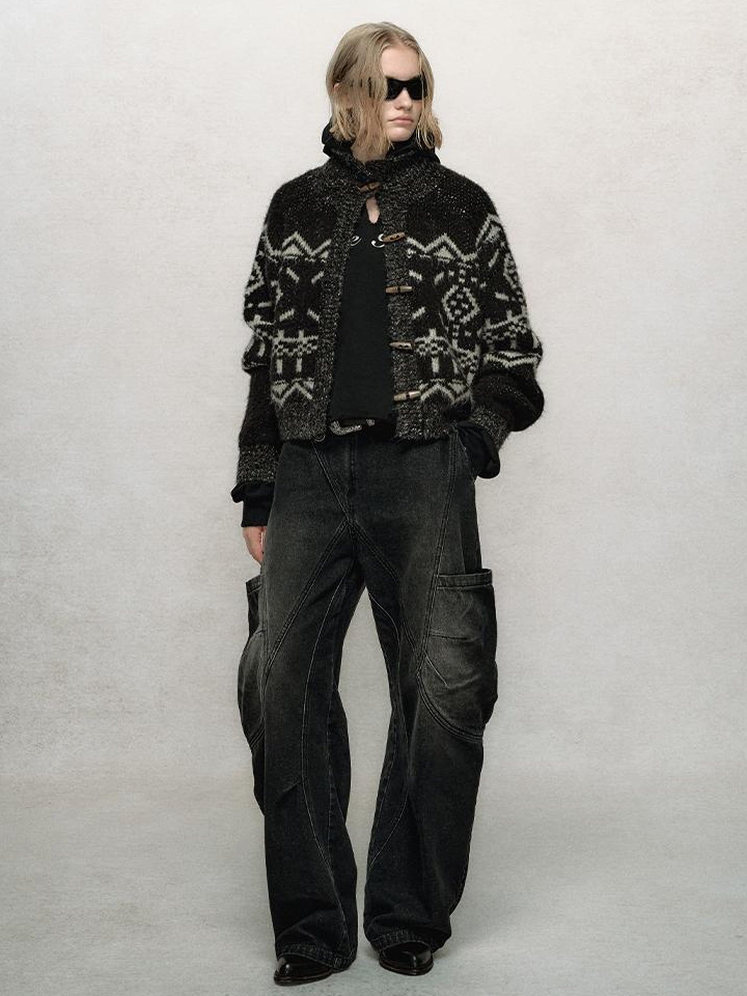 AnnoMundi Fair Isle Knit Cardigan With High Neck And Wooden Buttons