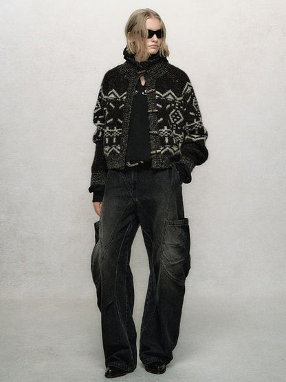 AnnoMundi Fair Isle Knit Cardigan With High Neck And Wooden Buttons