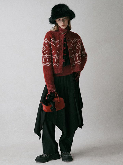 AnnoMundi Fair Isle Knit Cardigan With High Neck And Wooden Buttons