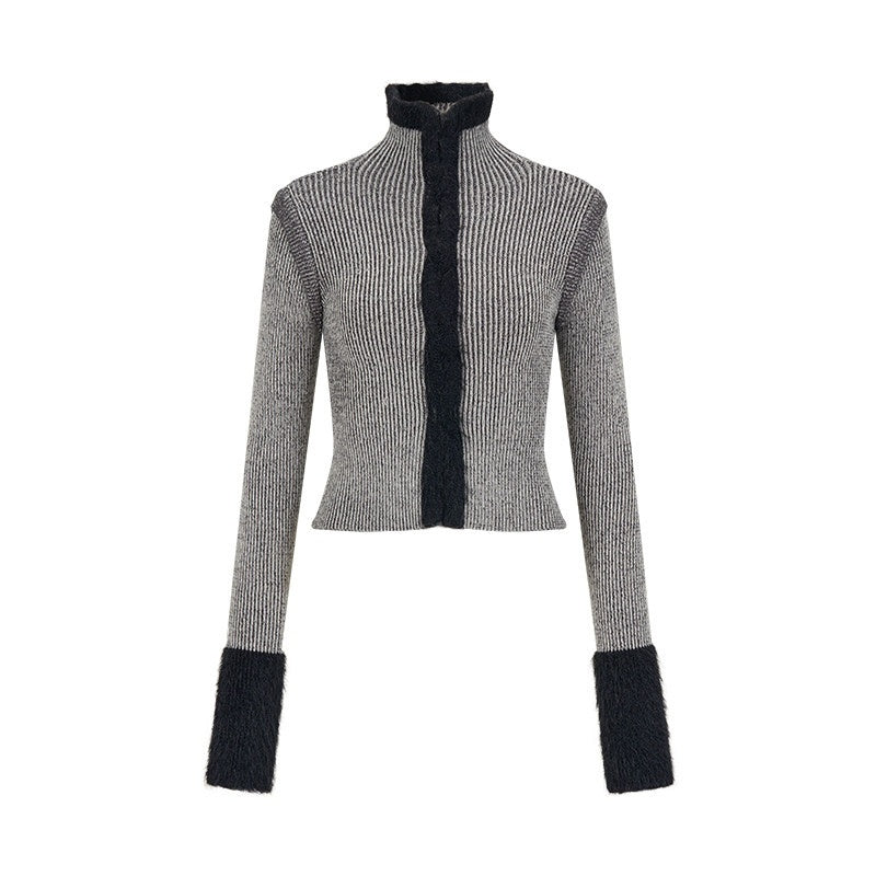 AnnoMundi Faux Mink Plush Knit Hook Closure Turn Down Collar Slim Fit Women&