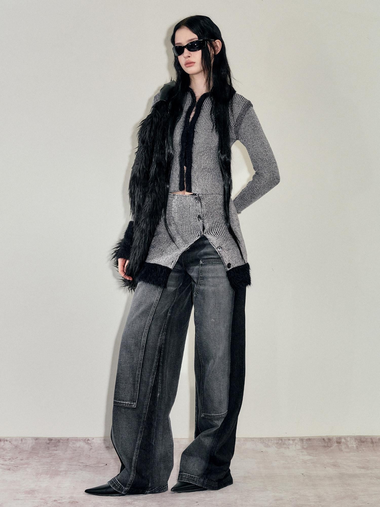 AnnoMundi Faux Mink Plush Knit Hook Closure Turn Down Collar Slim Fit Women&