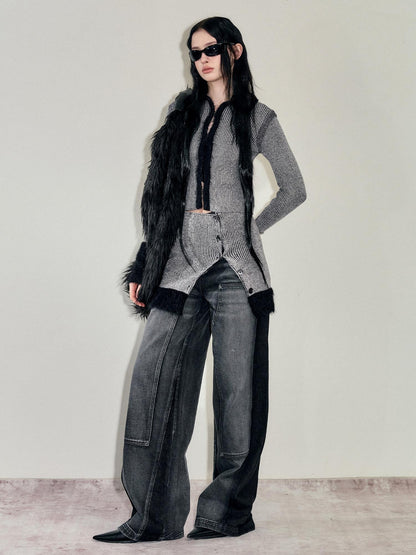 AnnoMundi Faux Mink Plush Knit Hook Closure Turn Down Collar Slim Fit Women&