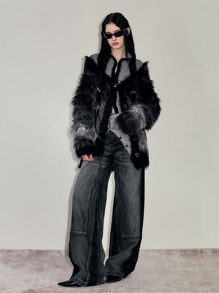 AnnoMundi Faux Mink Plush Knit Hook Closure Turn Down Collar Slim Fit Women&
