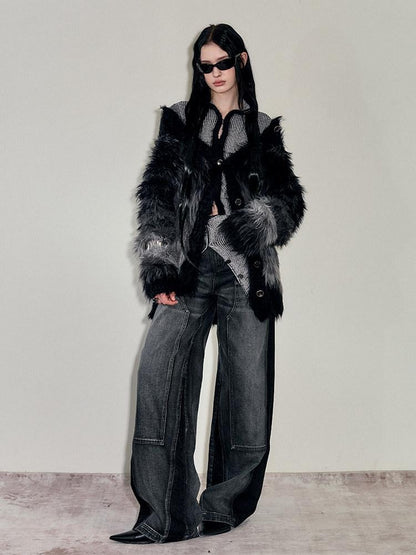 AnnoMundi Faux Mink Plush Knit Hook Closure Turn Down Collar Slim Fit Women&