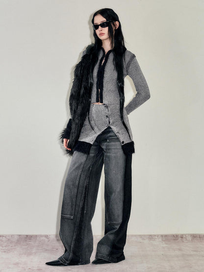 AnnoMundi Faux Mink Trimmed Hook Front Knit Cardigan