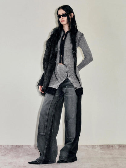 Faux Mink Trimmed Hook Front Knit Cardigan