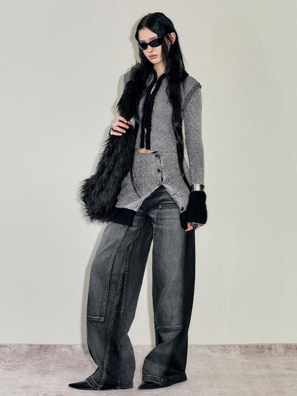 AnnoMundi Faux Mink Trimmed Hook Front Knit Cardigan