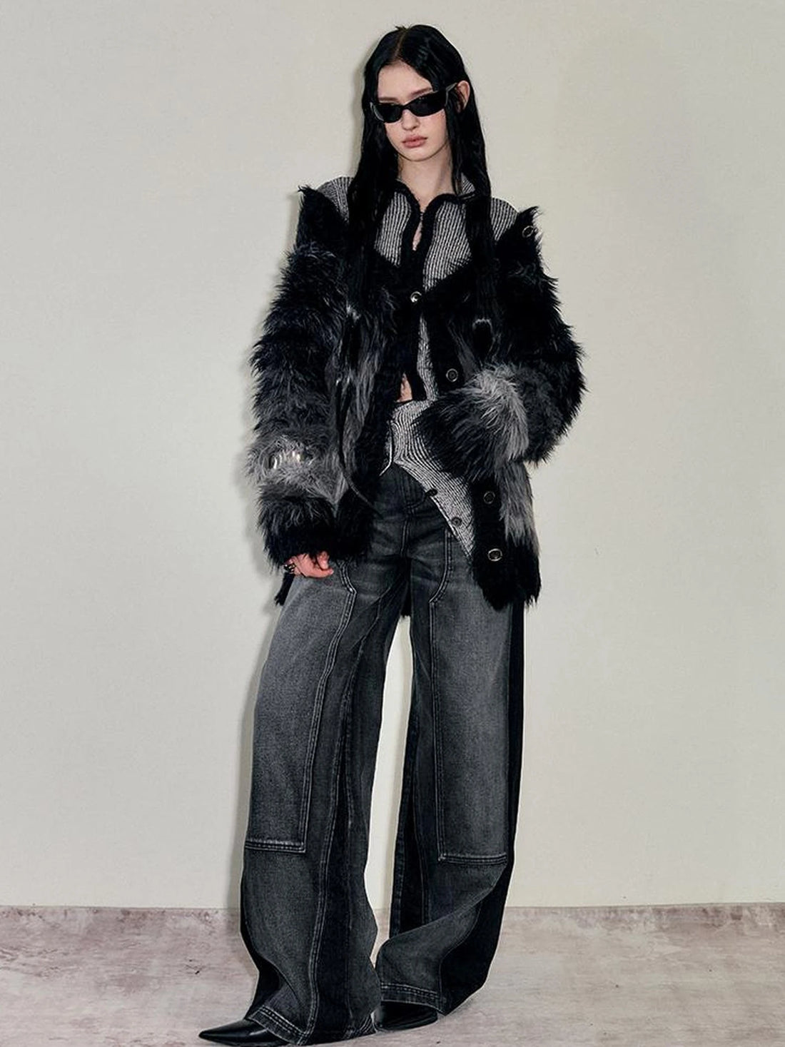 Faux Mink Trimmed Hook Front Knit Cardigan