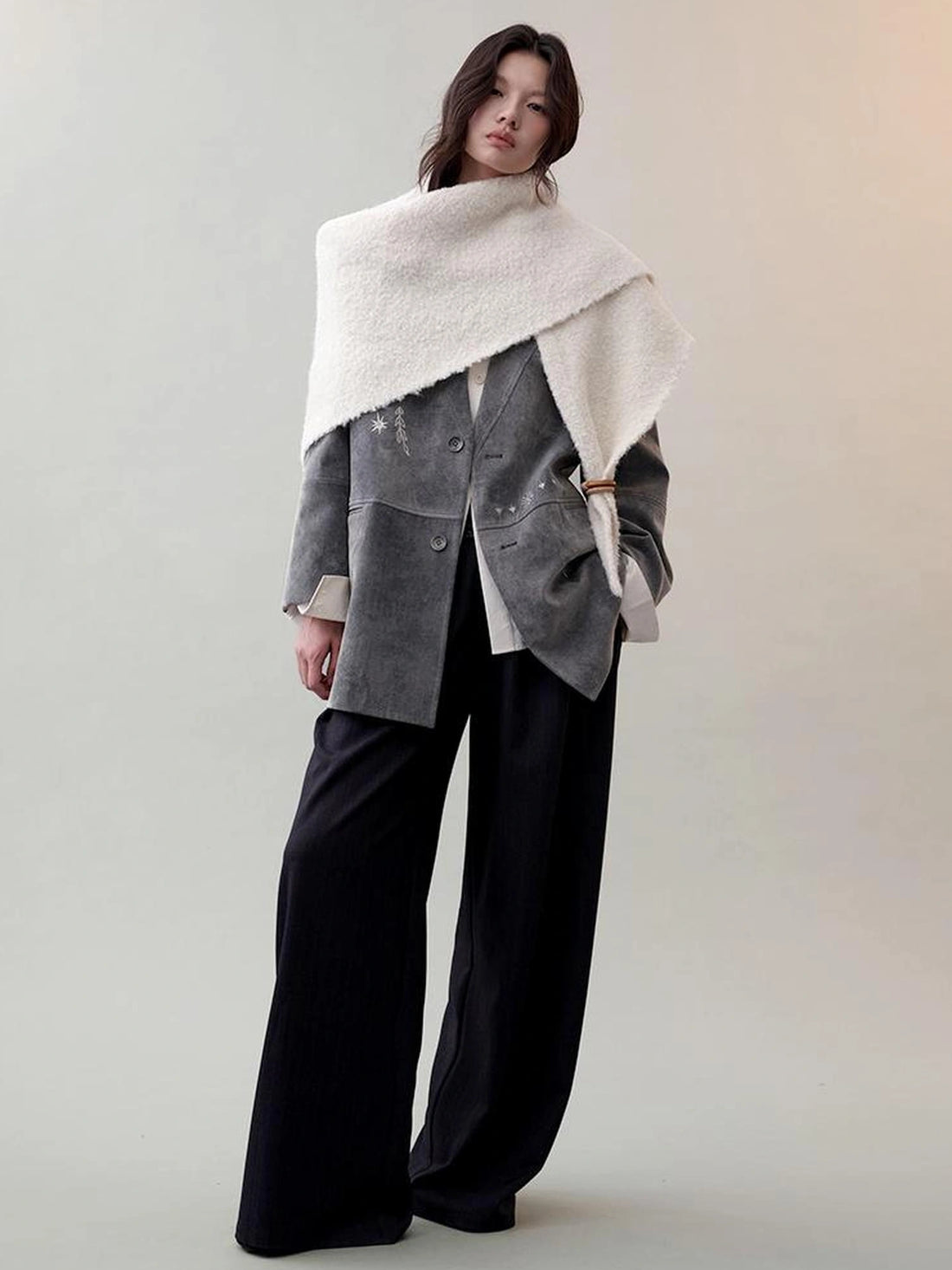 AnnoMundi Faux Suede Embroidered Bird Trench Coat Jacket