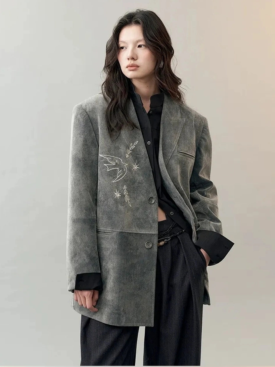 AnnoMundi Faux Suede Embroidered Bird Trench Coat Jacket