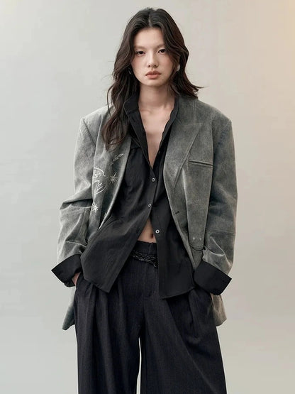 AnnoMundi Faux Suede Embroidered Bird Trench Coat Jacket