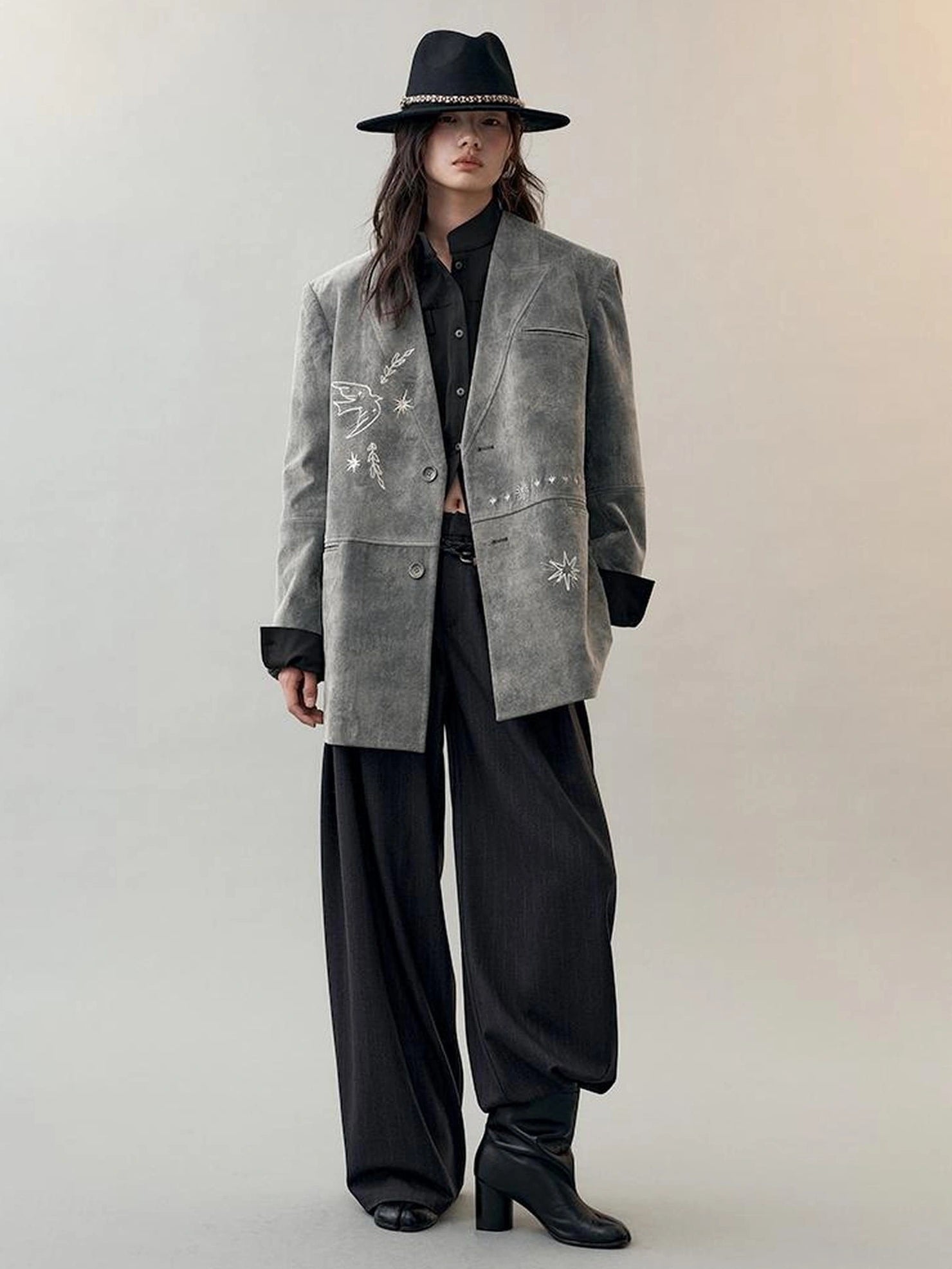 AnnoMundi Faux Suede Embroidered Bird Trench Coat Jacket