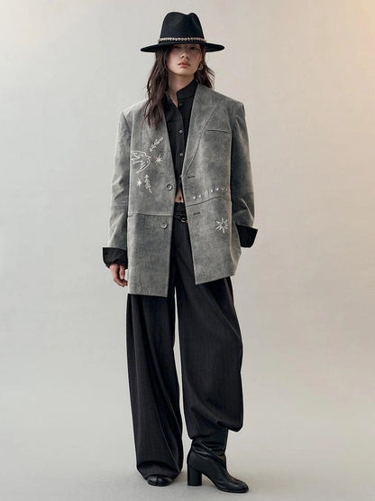 AnnoMundi Faux Suede Embroidered Bird Trench Coat Jacket